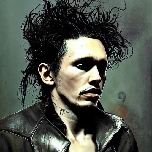 Prompt: stunning portrait of gaunt james franco a ( the cure fan ) as dream from sandman, dim stars as eyes, by jeremy mann, by cedric peyravernay, by by russ mills, by richard avedon and ben templesmith, dramatic lightning, sadness, dark eye sockets, in the shadows, punk rock, gothic, high detailed, 8 k