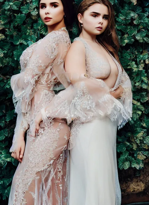 Image similar to portrait of demi rose and charlie grace moretz wearing kebaya in jakarta, by charlotte grimm, natural light, detailed face, beautiful features, symmetrical, canon eos c 3 0 0, ƒ 1. 8, 3 5 mm, 8 k, medium - format print, half body shot