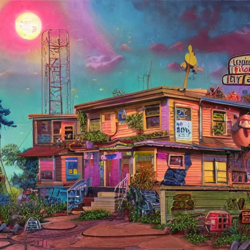 Image similar to 5 0 s tract home suburb on ancient post - apocalyptic planet, jim henson creature shop, vivid and colorful, thomas kincaid, cinematic, oil painting, highly detailed, illustration