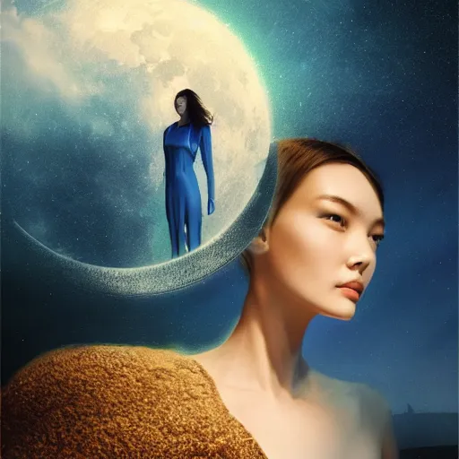 Image similar to 3 d, sci - fi, night, moon, smiling fashion model face, moon rays, cinematic, clouds, vogue cover style, blue mood, realistic painting, intricate oil painting, high detail illustration, figurative art, multiple exposure, poster art, 3 d, by tooth wu and wlop and beeple and greg rutkowski