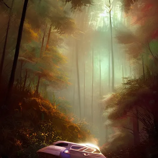 Prompt: car in futuristic spiritual mystical post apocalyptic forest by ron gilbert, dim painterly volumetric aquatic lighting, beautiful, crisp, artstation, highly detailed