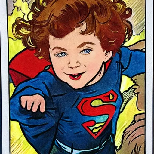 Prompt: a cute little boy with a mischievous face and ginger hair. he is dressed as a superhero. well composed, clean elegant painting, beautiful detailed face. painting by steve ditko and jack kirby and ( alphonse mucha )