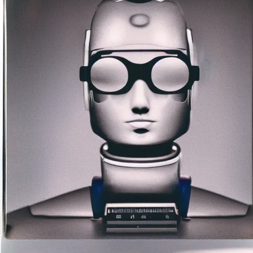 Prompt: cyber - polaroid of a featureless male robotic face with glasses, soft emotion, cybernetic, ethereal curtain, starburst, chrome vortex, vibrant scattered light, reflective glass, lcd screen, 1 9 6 0 s, computer - generated, dreamy