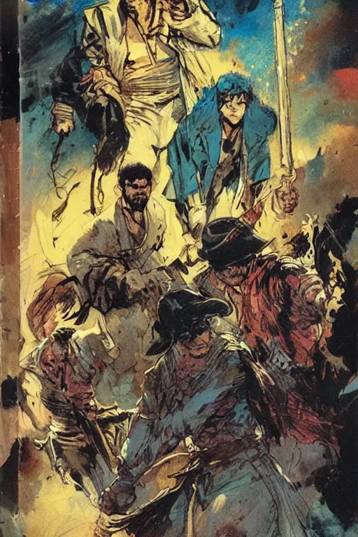 Image similar to comic cover for a book about 4 hit men arriving in the same secluded town. art by bill sienkiewicz and gaston bussiere.