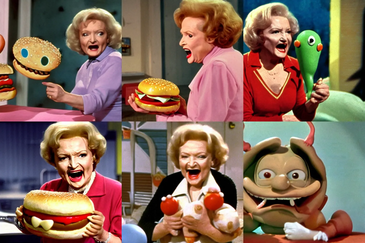 Prompt: Color movie still of Betty White in 'Hot Dog monster vs Hamburger monster' by Ray Harryhausen