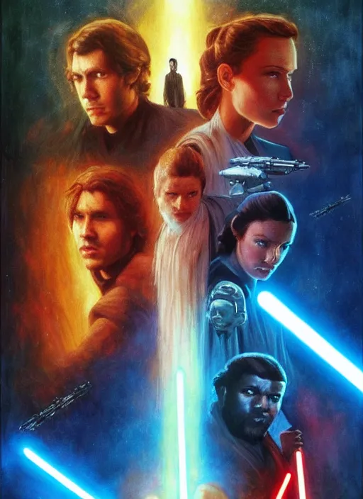 Image similar to epic cinematic poster artwork for featuring portraits for lost star wars film end of an empire ( 1 9 9 0 ), moody painting by drew struzan, beautiful backlit, colorful, iconic composition, epic award winning, artstation, extremely detailed, flare, photorealistic, 4 k