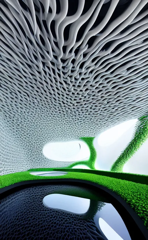 Prompt: villa parametric architecture fluid design, vincent callebaut well - defined style, ultra detailed, monochromatic, natural volumetric lighting, generative art nebula, cinematic, photo realistic, hyper real, surreal design, flow everywhere, walls made of crystal clear water, black metal, magnesium, 8 k,