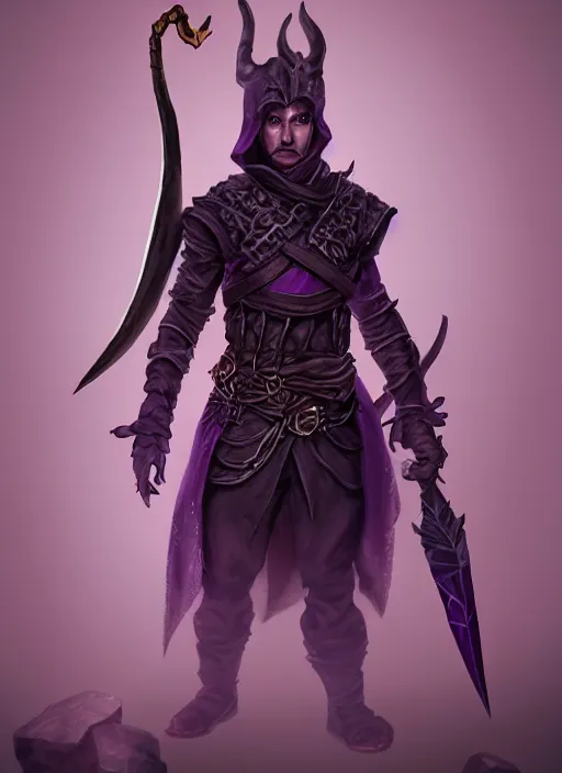 Image similar to fantasythiefling rogue, purple daggers, dnd character portrait, full body, dnd, rpg, lotr game design fanart by concept art, behance hd, artstation, deviantart, global illumination radiating a glowing aura global illumination ray tracing hdr render in unreal engine 5