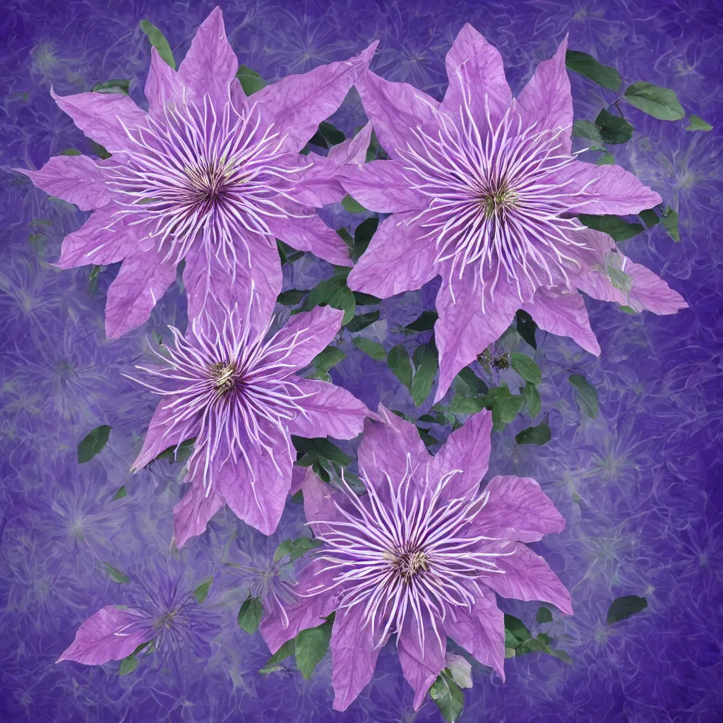 Image similar to clematis theme logo, clematis theme banner, clematis design, clematis in the deep sea, clematis like stars in the sky, trending on artstation, warm light, lovely and cute, fantasy art, 8 k resolution, highly detailed, pattern with optical illusion