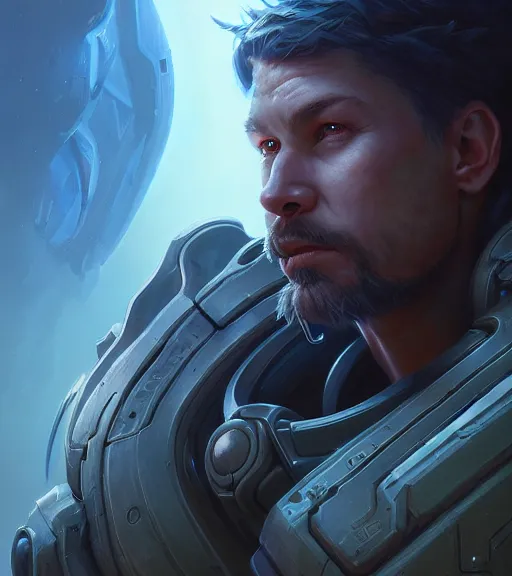 Image similar to Highly detailed portrait of Raynor from StarCraft 2, Stephen Bliss, unreal engine, fantasy art by Greg Rutkowski, Loish, Rhads, ferdinand knab, Makoto Shinkai and Lois van baarle, ilya kuvshinov, rossdraws, Tom Bagshaw, global illumination, radiant light, detailed and intricate environment