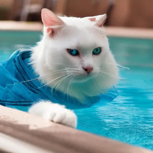 Image similar to white cat with blue eyes on a float in the pool
