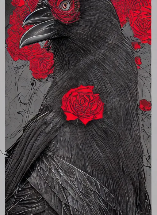 Image similar to portrait, A crow with red eyes in front of the full big moon, book cover, red roses, red white black colors, establishing shot, extremly high detail, foto realistic, cinematic lighting, pen and ink, intricate line drawings, by Yoshitaka Amano, Ruan Jia, Kentaro Miura, Artgerm, post processed, concept art, artstation, matte painting, style by eddie mendoza, raphael lacoste, alex ross