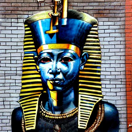 Image similar to a graffiti portrait of king tutankhamen, street art, highly detailed by banksy