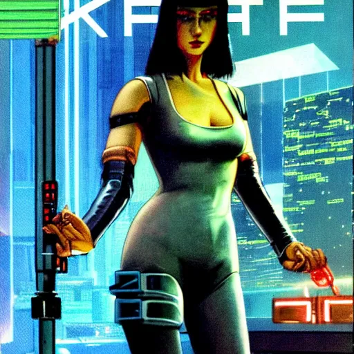 Image similar to cable plugged into cyberdeck, right temple, cyberpunk woman, computer, 1 9 7 9 omni magazine cover, style by vincent di fate, cyberpunk 2 0 2 0