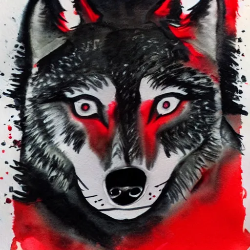 Prompt: image of a wolf painted with black and red watercolors on white paper
