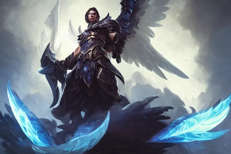 Image similar to amazing portrait of archangel micheal, league of legends splash art, deiv calviz, splash art, natural light, elegant, intricate, fantasy, atmospheric lighting, by greg rutkowski, league of legends splash art, hd wallpaper, ultra high details