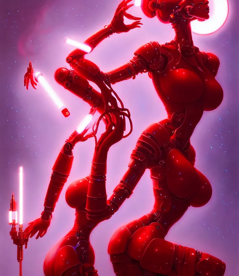 Image similar to beautiful fantasy woman android with bright lipstick wearing glowing red dress with white fur, seductive pose, futuristic, ultra realistic, dramatic lighting, robots, highly detailed by peter mohrbacher, hajime sorayama, wayne barlowe, boris vallejo, aaron horkey, gaston bussiere, craig mullins