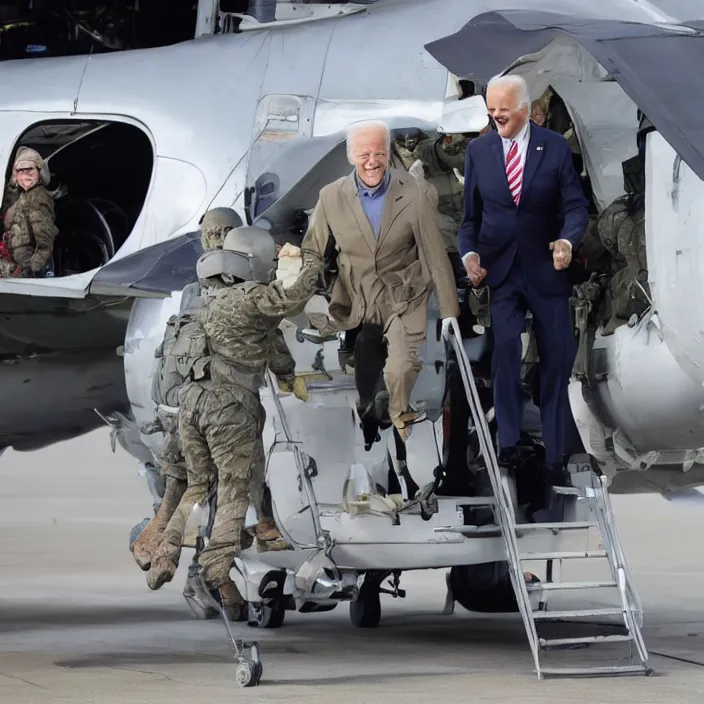 Image similar to joe biden jumping out of an airplane ready for war, sharp detailed photo