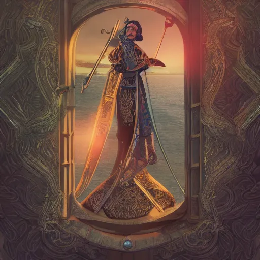 Image similar to tarot card style, lady luck on a tower, scales, sword, digital illustration, intricate, highly detailed, elegant, full color, cinematic lighting, octane render, hyper realism