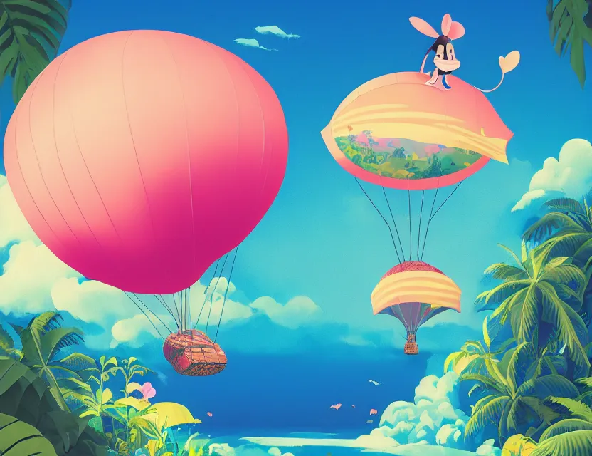 Prompt: adventurer mouse travelling on a vaporwave blimp above tropical landscape. complementary colors, gouache, indie concept art, bloom, chiaroscuro, backlighting, intricate details.