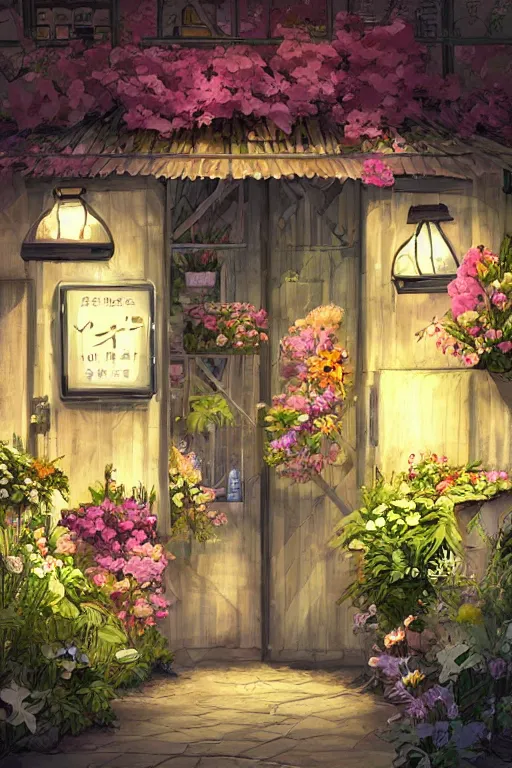 Image similar to a little flower shop's front gate, refreshing, digital illustration, pixiv, dramatic lighting