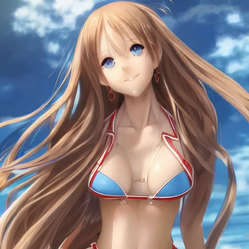 Image similar to a very beautiful young yuuki asuna, full body, long wavy blond hair, sky blue eyes, full round face,, shiny golden bikini, miniskirt, front shot, locked in a bright prison cell, highly detailed, cinematic wallpaper by stanley artgerm lau