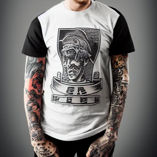 Image similar to action figure of thin white male wearing a black baseball cap and black graphic t - shirt, american traditional tattoos on legs and left arm, 4 k,