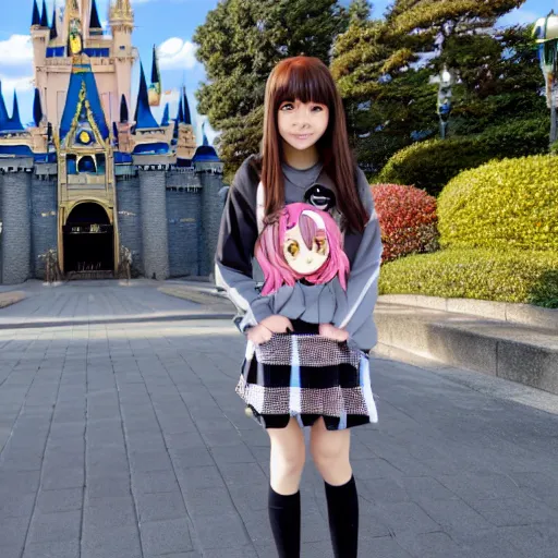 Prompt: menhera - chan, anime girl with long brown hair and black hoodie, posting in front of the wdw castle, kyoani, kyoto animation, key visual