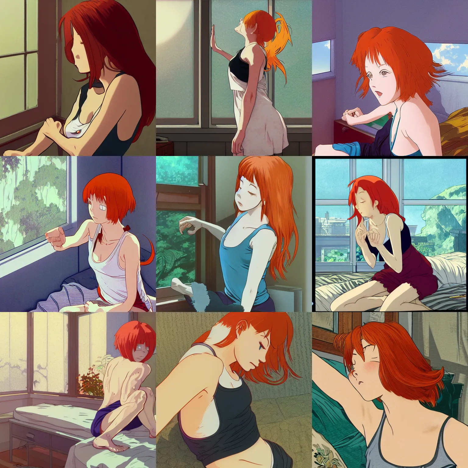 Prompt: A ginger headed woman wearing a black tank top stretching and yawning as she wakes up in her sunlit bedroom, anime still, detailed face, detailed background, Hayao Miyazaki, Ilya Kuvshinov, Monkey Punch, Alphonse Mucha