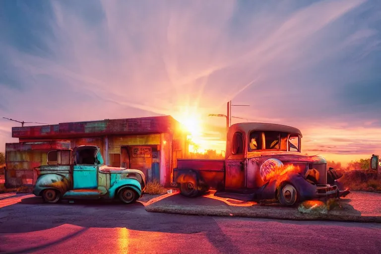 Image similar to a sunset light landscape with historical route 6 6, lots of sparkling details and sun ray ’ s, blinding backlight, smoke, volumetric lighting, colorful, octane, 3 5 mm, abandoned gas station, old rusty pickup - truck, beautiful epic colored reflections, very colorful heavenly, softlight