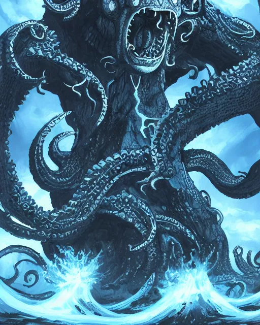 Image similar to A huge blue kraken in a vast sea, terrifying, black and white, fantasy art, monster art, in the style of masami kurumada, illustration, epic, fantasy, intricate, hyper detailed, artstation, concept art, smooth, sharp focus, ray tracing