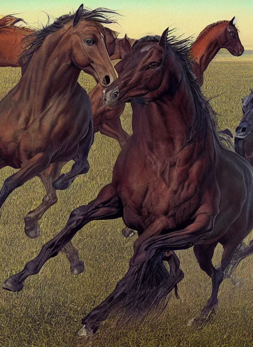 Prompt: three horses running in a field, by wayne barlowe,