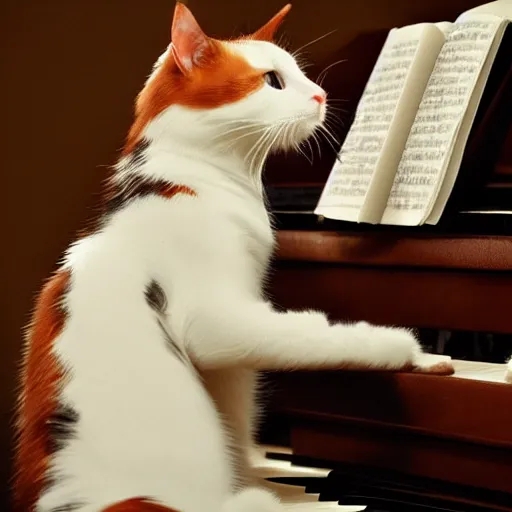 Prompt: a calico cat plying the piano