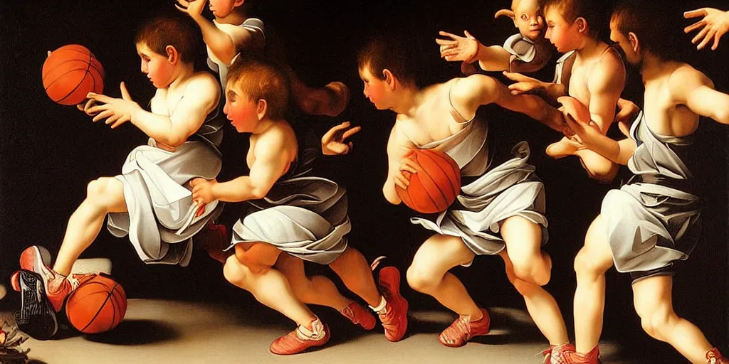 Prompt: beautifully detailed baroque oil painting of kids in the 90s playing basketball by caravaggio