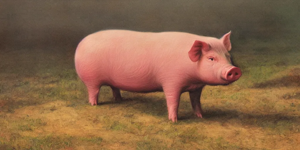 Prompt: The last pig on earth, 1860s oil painting style, soft light, high contrast, high saturation colors, film composition