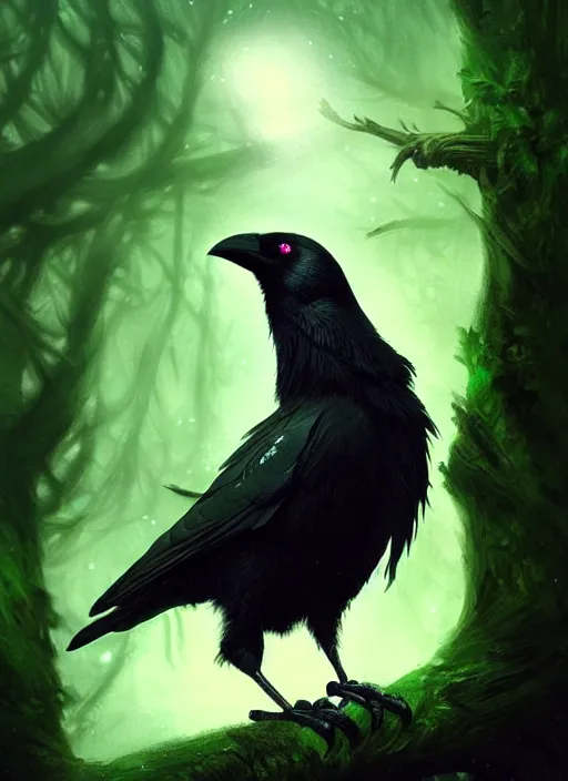 Image similar to side portrait dark crow (animal), close-up, fantasy forest landscape, moonshine, fantasy magic, nice black feather, proud, green dark light night, intricate, elegant, sharp focus, illustration, highly detailed, digital painting, concept art, matte, art by WLOP and Artgerm and Greg Rutkowski and Eddie Mendoza, masterpiece