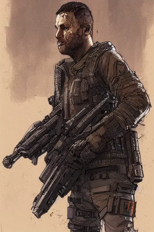 Image similar to ghost. smug blackops mercenary in near future tactical gear and cyberpunk headset. Blade Runner 2049. concept art by James Gurney and Mœbius.