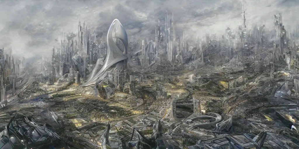 Image similar to a beautiful painting of epic fantasy islamic zaha hadid city by alan lee, trending on artstation detailed, digital painting, realistic