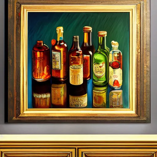 Image similar to a room with four bottles on the floor and a painting of three bottles hanging on the wall, trending on artstation, intricately ordinated oil painting