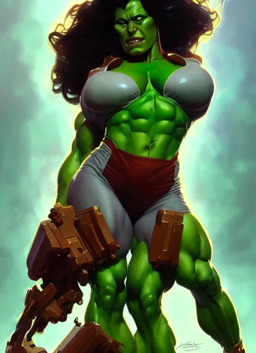 Prompt: Portrait of She Hulk, muscular, intricate, elegant, highly detailed, digital painting, artstation, concept art, smooth, sharp focus, illustration, art by artgerm and greg rutkowski and alphonse mucha