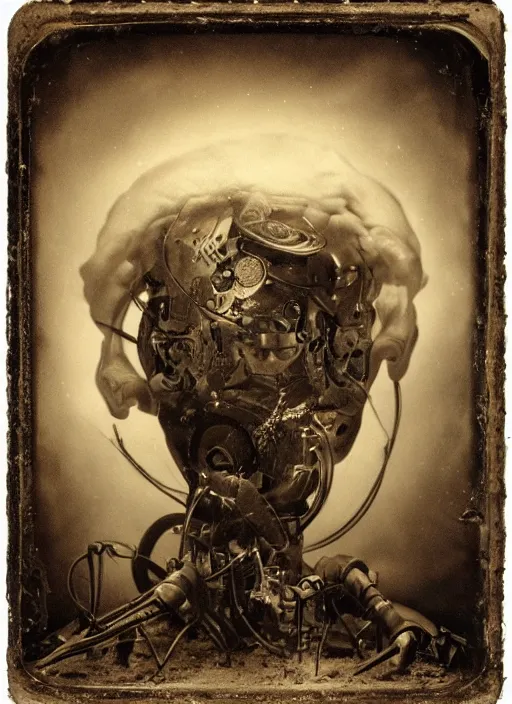 Image similar to old wetplate daguerreotype birth of a cyborg in times of eternal summoning, fractal, intricate, elegant, highly detailed, parallax, leica, medium format, subsurface scattering, by jheronimus bosch and greg rutkowski and dali and louis jacques mande daguerre