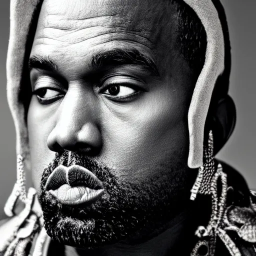 Image similar to the face of kanye west wearing a royal robe and crown at 4 2 years old, portrait by julia cameron, chiaroscuro lighting, shallow depth of field, 8 0 mm, f 1. 8