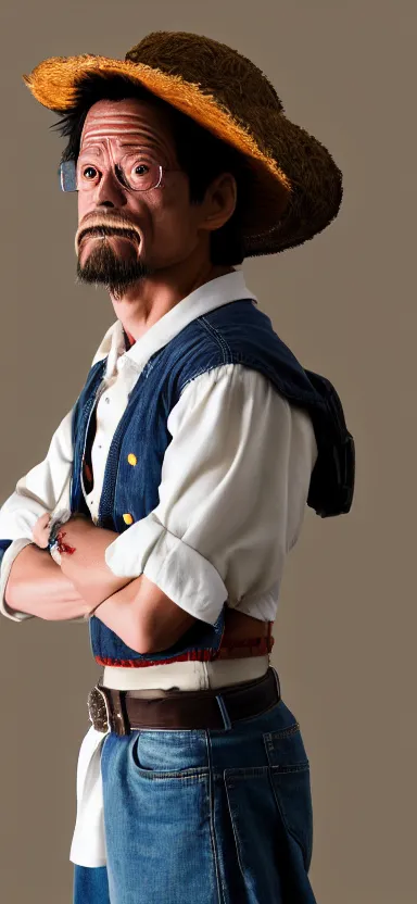 Image similar to a portrait photo of luffy as walter white, side shot, by professional photographer, 8 k resolution, high quality