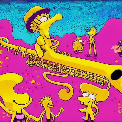 Prompt: Lisa Simpson falling into a giant saxophone, psychedelic art, uhd, matte painting