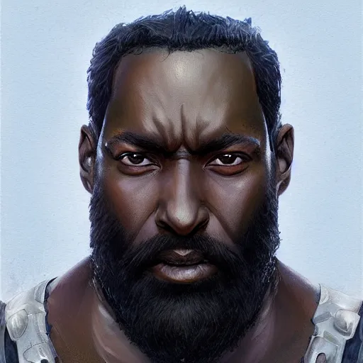 Prompt: bearded dark-skinned paladin, portrait, headshot, D&D, fantasy, highly detailed, digital painting, artstation, concept art, sharp focus, illustration, art by artgerm and greg rutkowski and alphonse mucha