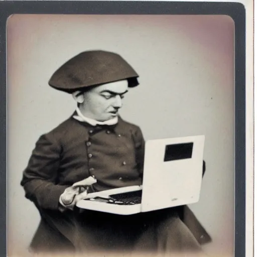 Image similar to old polaroid depicting pikachu from the 1 9 th century working at a modern day laptop