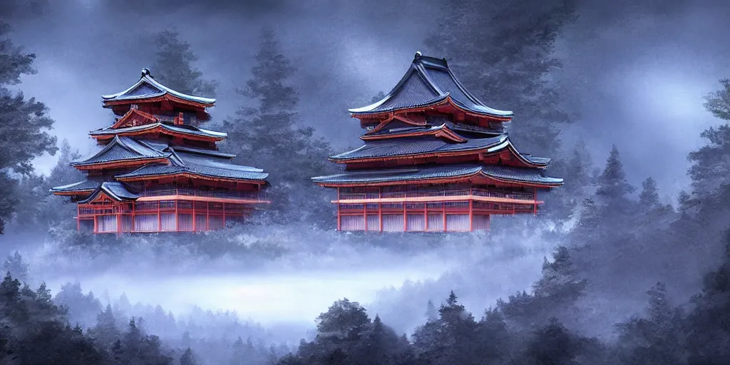 Image similar to a beautiful japanese castle on a mountain in a dark forest, highly detailed, volumetric lighting, digital painting