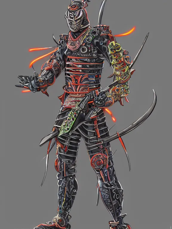 Image similar to full body front view portrait of natural, bio - mechanical ninja samurai, character design, correct anatomy, concept art, digital illustration, ray tracing, ultra detailed, fantasy, neon lighting, intricate and highly detailed, coloured with lots of colour, pose, fantasy, sharp focus,