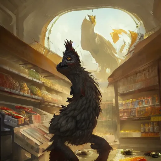 Image similar to digital painting of an supermarket shopping elegant but deadly chicogriff, griffin chicogriff hybrid monster, by Greg Rutkowski, magic the gathering concept art, trending on artstation, 4k resolution, ((in a super market Costco))