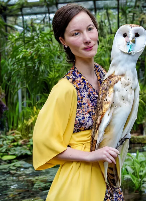 Image similar to head to shoulder portrait film photograph of an elegant top model wearing a yellow kimono with a very detailed barn owl on her shoulder!!! in a tropical greenhouse. looking at the camera!!. slight smile. super resolution. Extremely detailed. sitting inside a fountain. by Jody Rogac.